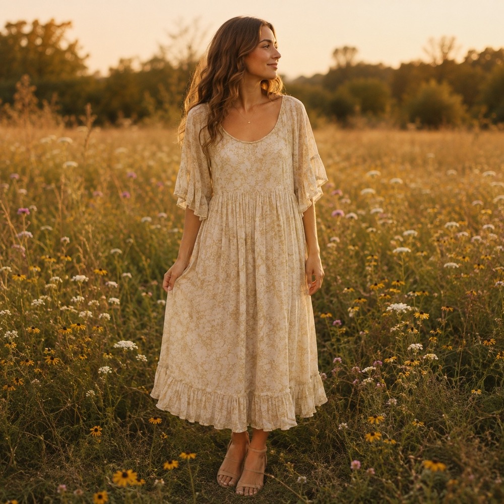 Sundance Womens Medium Yellow Floral Boho Ruffle Midi Dress Cottagecore